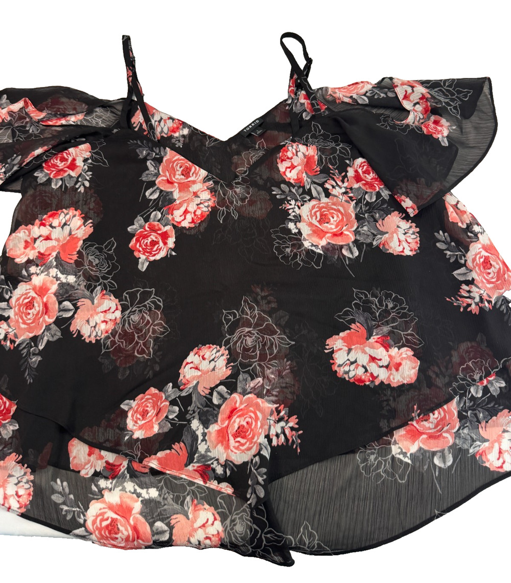 Torrid Women's Floral Cold Shoulder Blouse Black Chiffon Flutter Sleeve Size 1X